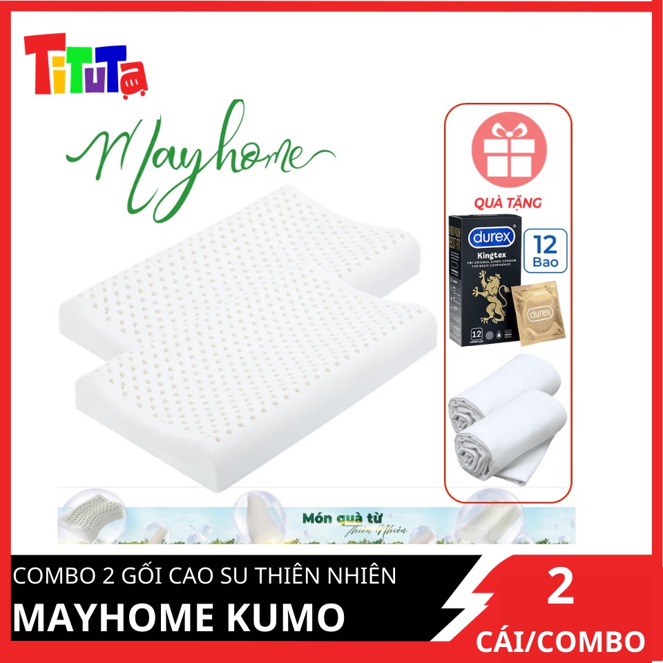 Combo 2 gối cao su thiên nhiên Mayhome KUMO size 44x28x6 cm tặng kèm 1 hộp 12 bao cao su Durex Kingtex và 2 bao gối