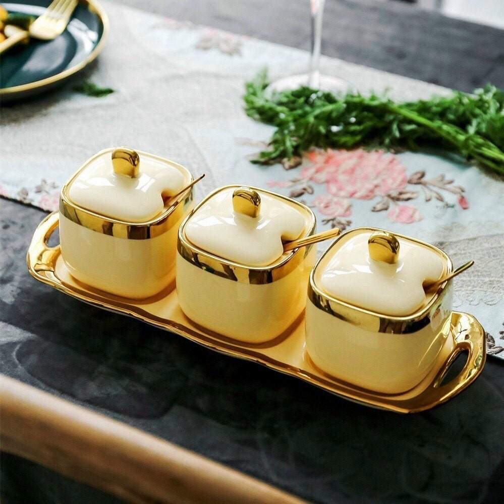 BỘ 3 HŨ ĐỰNG GIA VỊ BẰNG SỨ - MÀU KEM