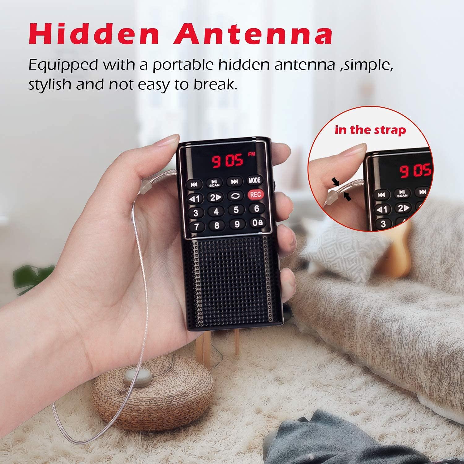 Đài phát thanh nhỏ có thể sạc lại FM di động, đài phát thanh kỹ thuật số MP3 với máy ghi âm, SD/TF/AUX, pin di động với pin có phím khóa để chạy bộ, đi bộ, du lịch