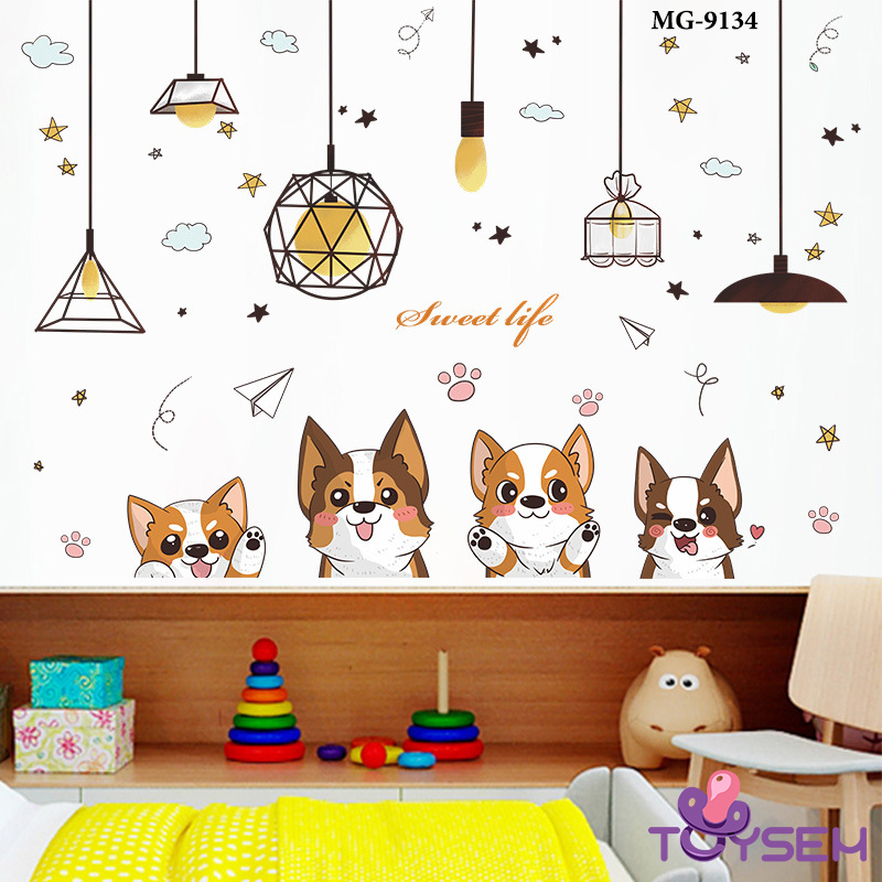 Decal trang trí dán tường hình chú chó cho bé, Giấy dán tường trang trí phòng ngủ cho bé, Decal trang trí nhà cửa