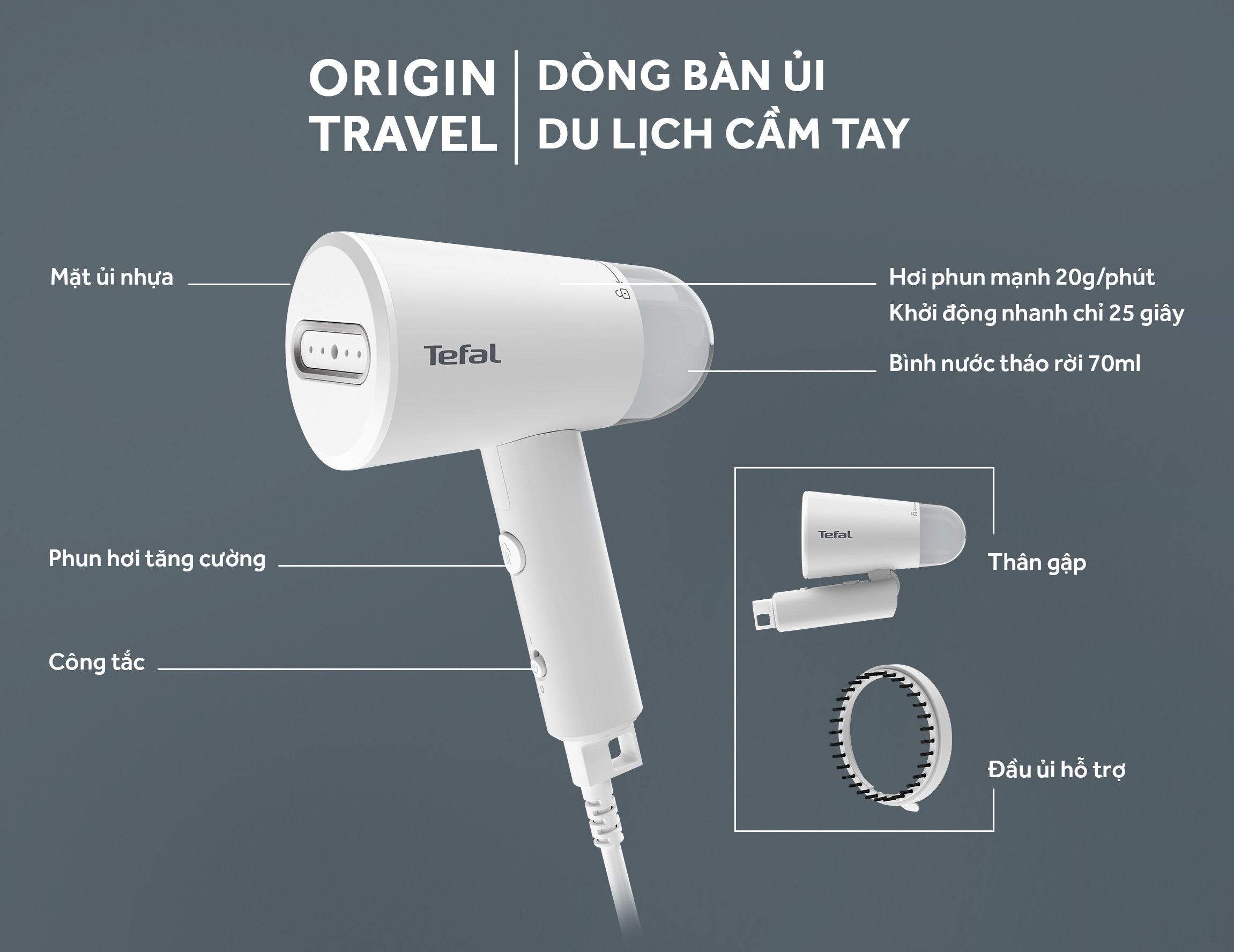 Bàn ủi hơi nước cầm tay Tefal Origin Travel DT1020E1 - Hàng chính hãng
