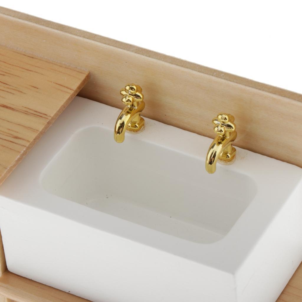 2PCS 1/12 Scale Dolls House Wood Wash Basin Cabinet Bathroom Decoration Accessory