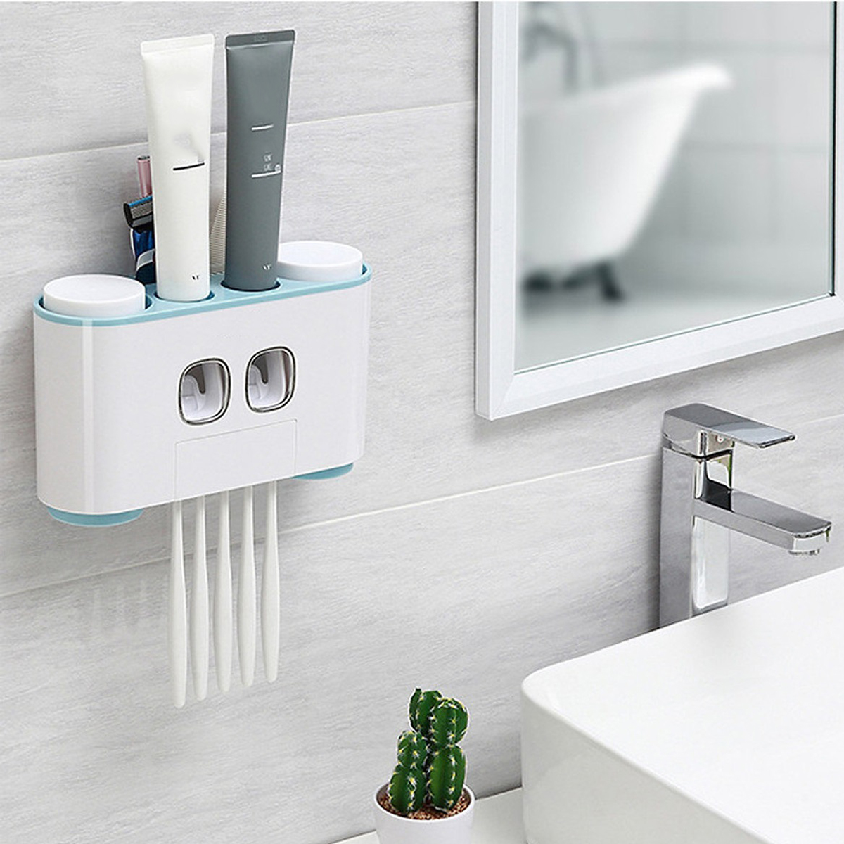 Kệ Nhả Kem Đánh Răng Tự Động Thông Minh Kết hợp rãnh để đồ & treo cốc - Tặng kèm 4 Cốc Hút Từ Tính - Kệ Nhà Tắm Dán Tường Tiện Ích - Giao màu Ngẫu Nhiên