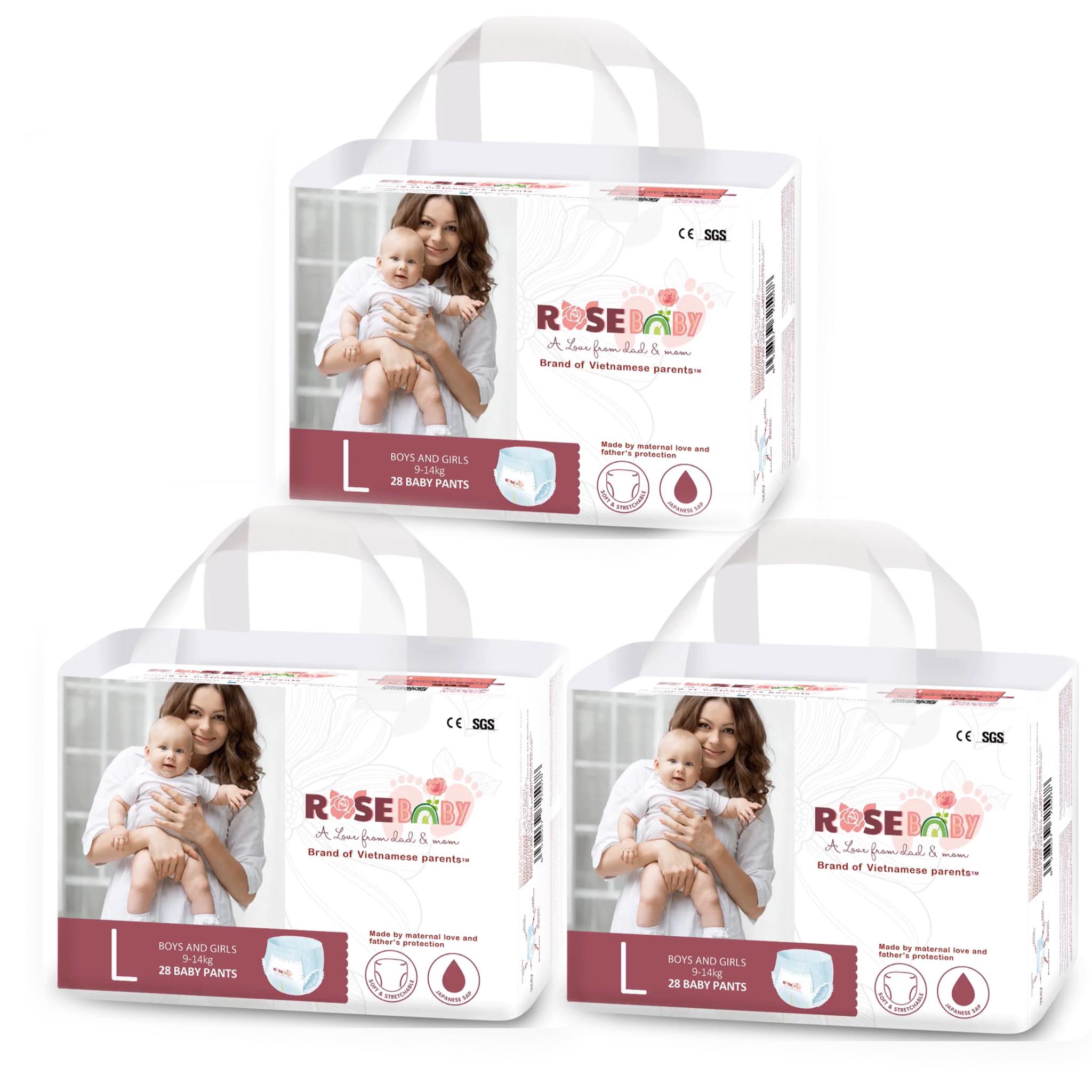 Combo 3 gói Bỉm tã quần ROSE BABY size L 28 miếng (9-14kg)