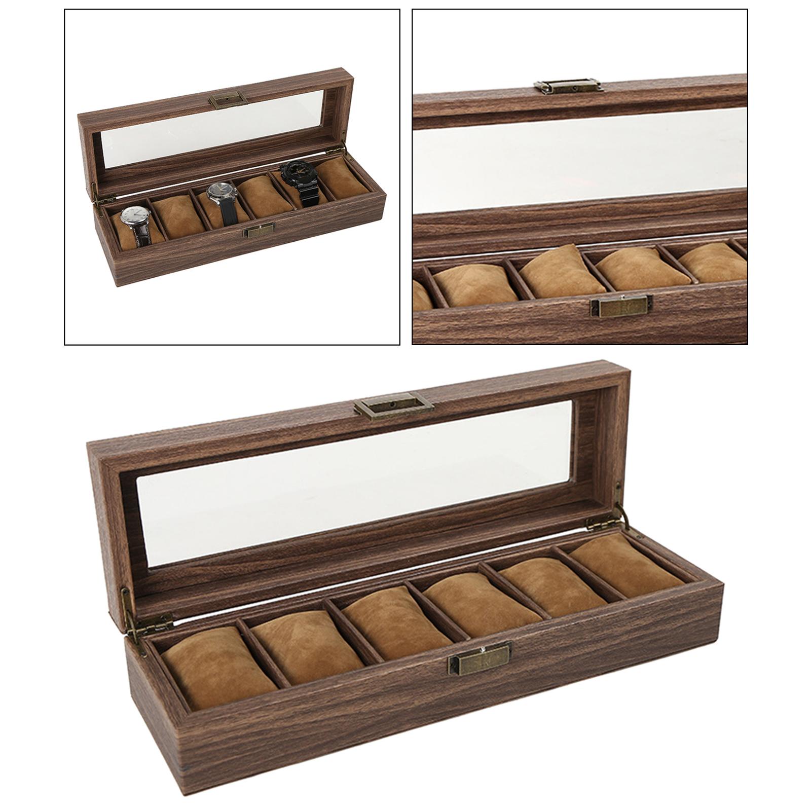 Luxury Wooden Watch Box Men Jewelry Rings Case Organizer Glass Top 6 Grid