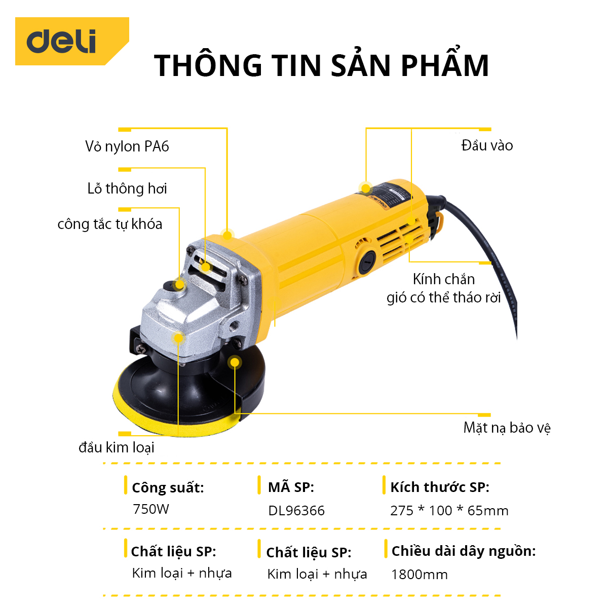 Máy Cắt Cầm Tay Mài Góc Deli Cao Cấp Chính Hãng - Công Suất 750W - Tốc Độ 11000 vòng/phút - An Toàn, Đa Dụng - DL96366