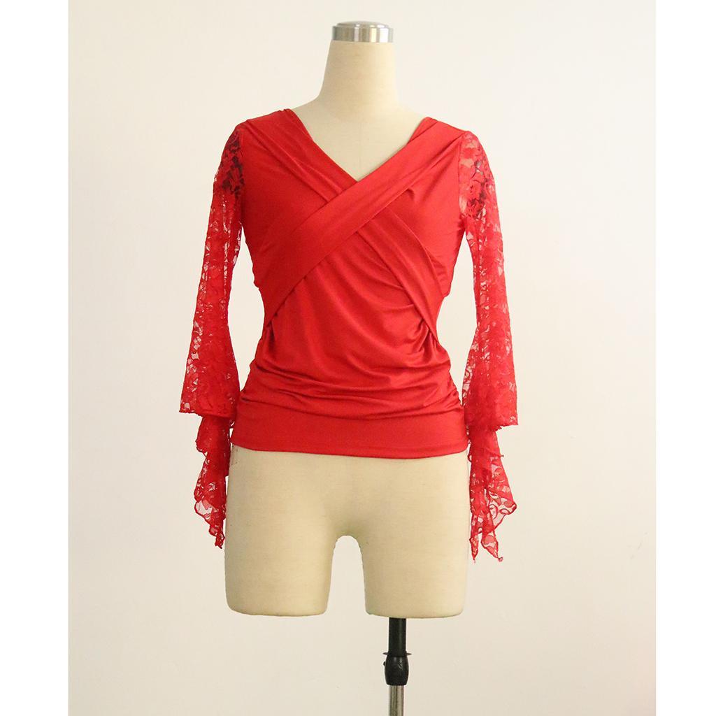 Ballroom Latin Dance Blouse Tops Stage Dancewear Costumes L Red