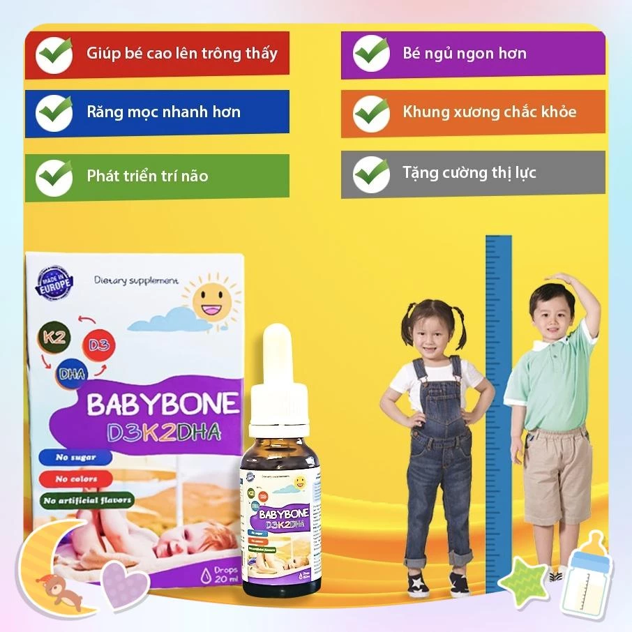Vitamin giúp bé tăng chiều cao K2+D3 bổ sung DHA Babybone [Hàng Tây Ban Nha