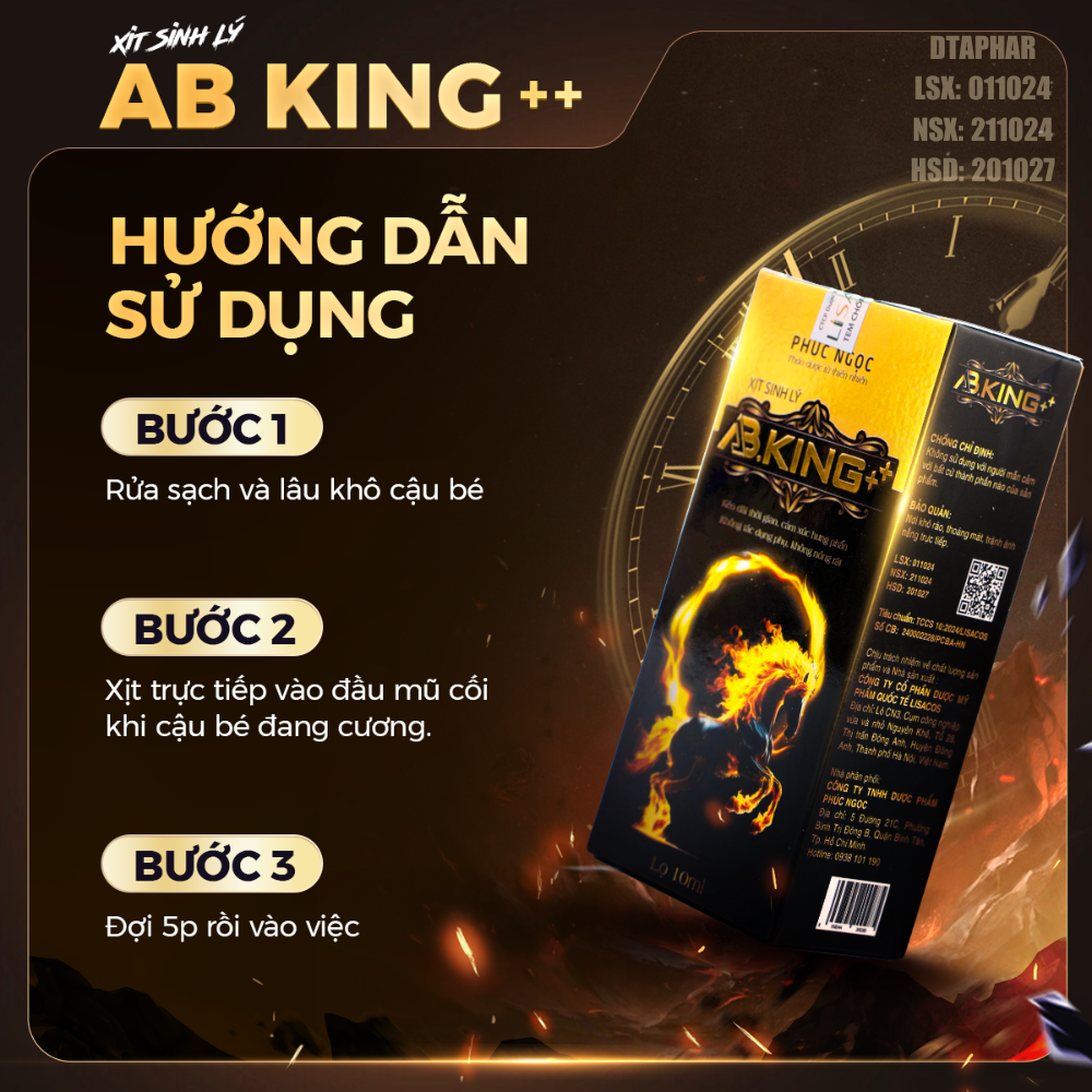 Xịt A.B King hỗ trợ CẢI THIỆN THỜI GIAN DÀI, XUẤT TINH SỚM, RỐI LOẠN SINH LÝ CHAI 10ml