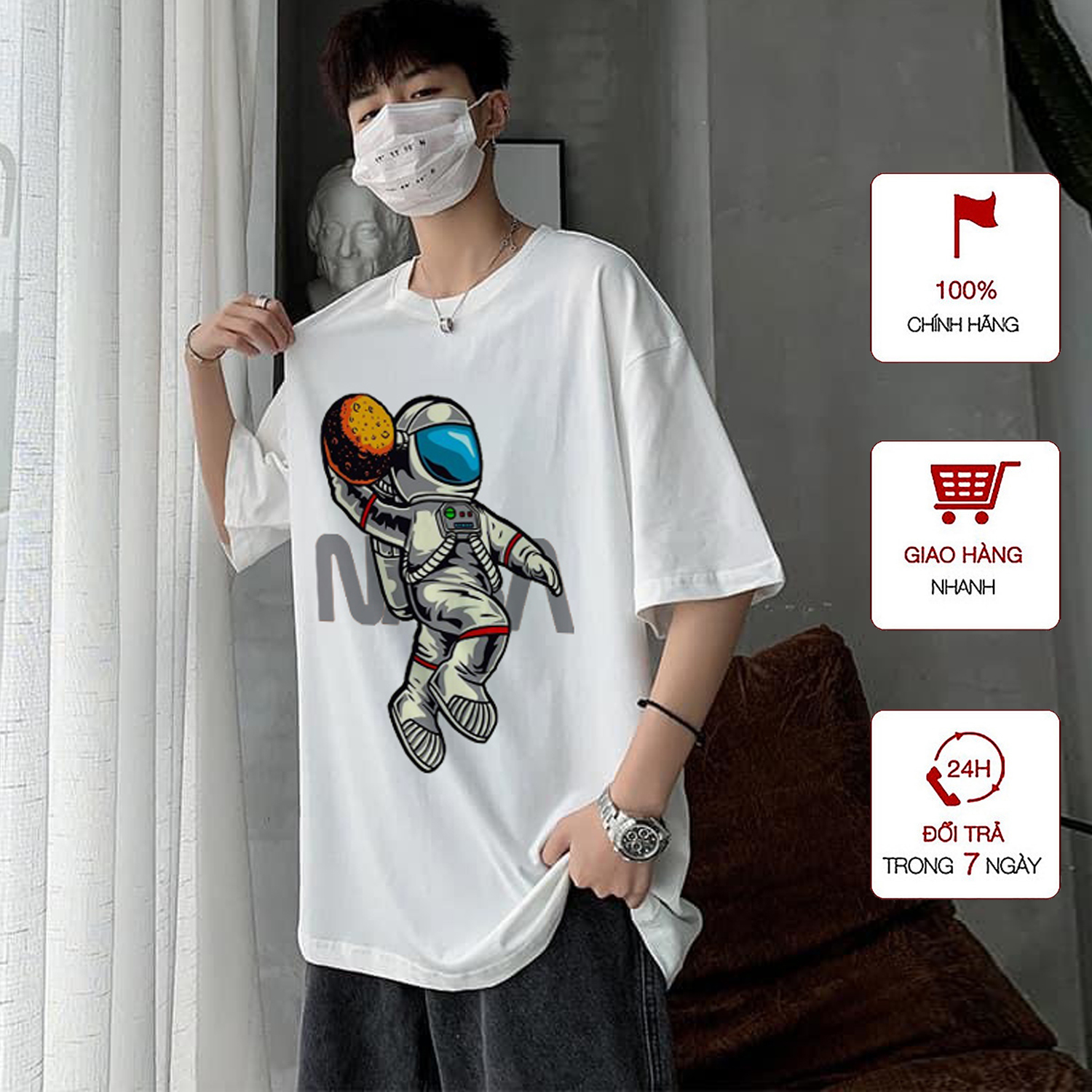 Áo Thun Nam Cổ Tròn WinBeen Form Rộng Streetwear kiểu dáng Unisex Basic Cotton Oversize Giá Rẻ In Phi Hành Gia NASA