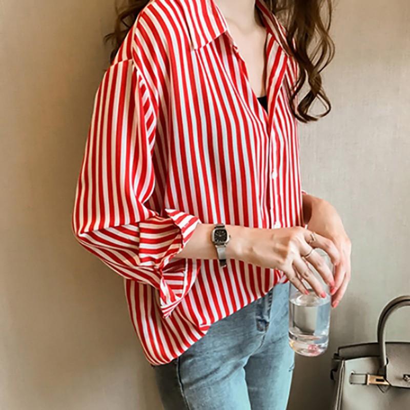 Áo sơ mi tay dài dáng rộng hoạ tiết kẻ sọc thiết kế thanh lịch cho phái nữ