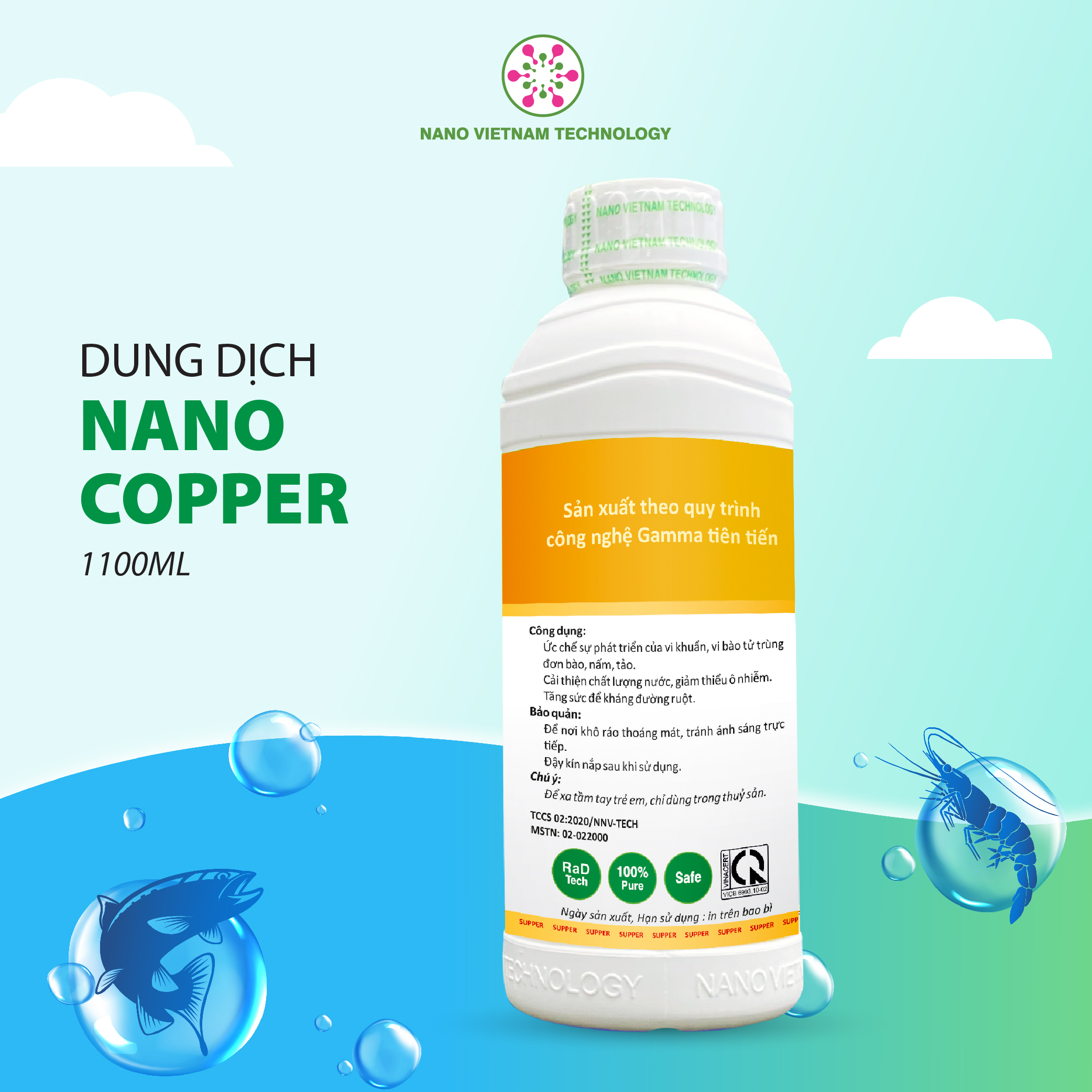 Nano copper 100% nguyên chất nano đồng Nano Vietnam Tech cho tôm, cá và động vật thủy sinh 1100ML