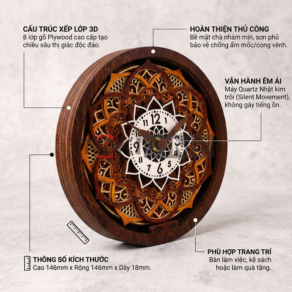 Đồng hồ gỗ 3D nghệ thuật – Đồng hồ để bàn trang trí – Máy kim trôi không ồn – Quà tặng độc đáo