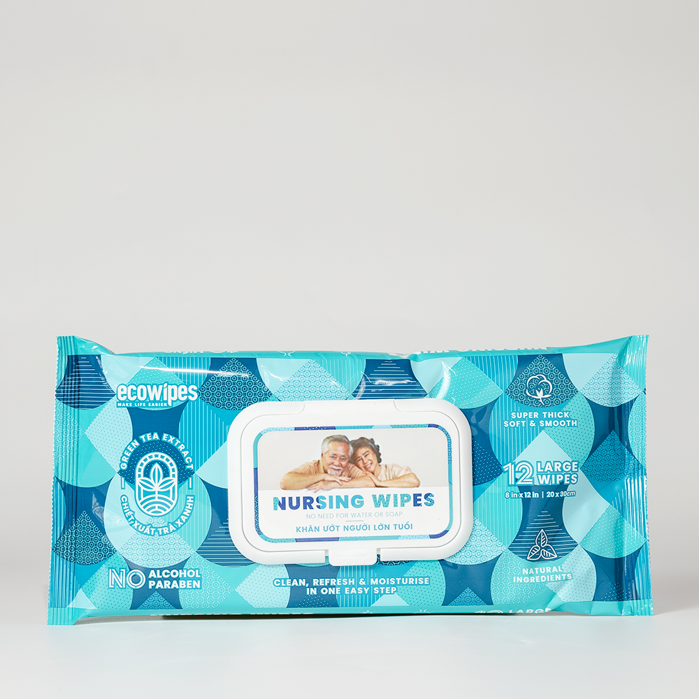 Khăn giấy ướt vệ sinh cơ thể NursingWipes gói 12 khăn size lớn 30x20cm hương trà xanh lau người lớn tuổi, người bệnh, người đi phượt dùng 1 lần