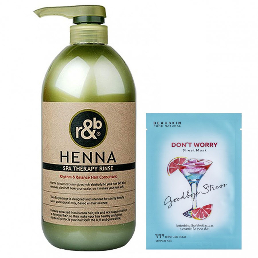 Combo Dầu xả thảo dược cho tóc bóng mềm giảm xơ rối giữ màu tóc nhuộm R&amp;B Henna 1000ml  -  Mặt nạ chống oxy hóa Beauskin Don't Worry Sheet Mask