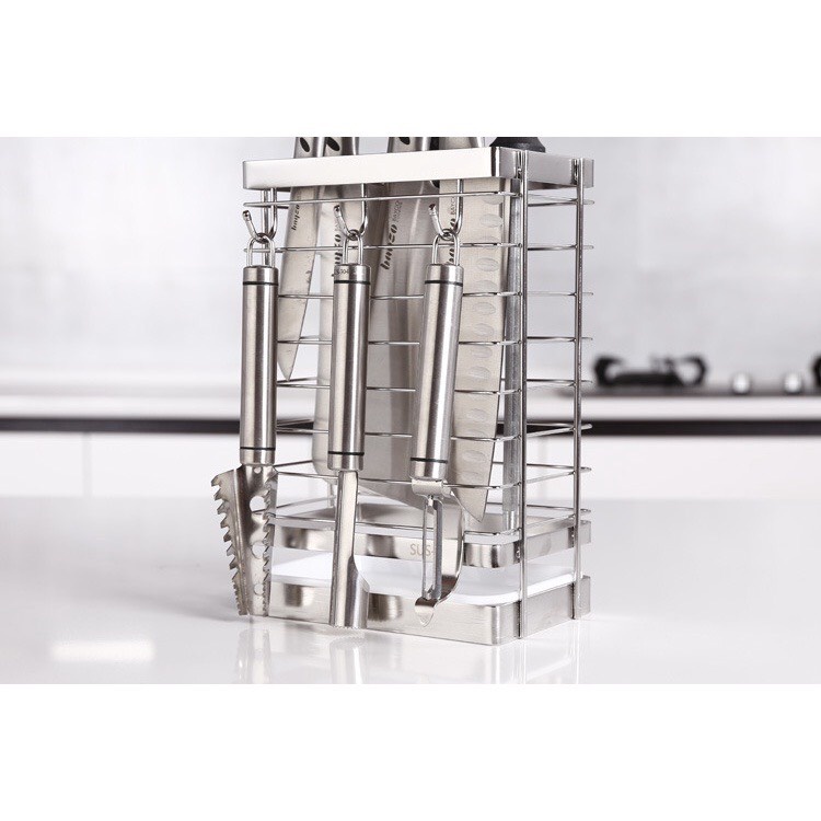 Kệ Đựng Dao Kéo Inox Kèm 3 Móc Treo Và Khay Hứng Nước Chống Rỉ