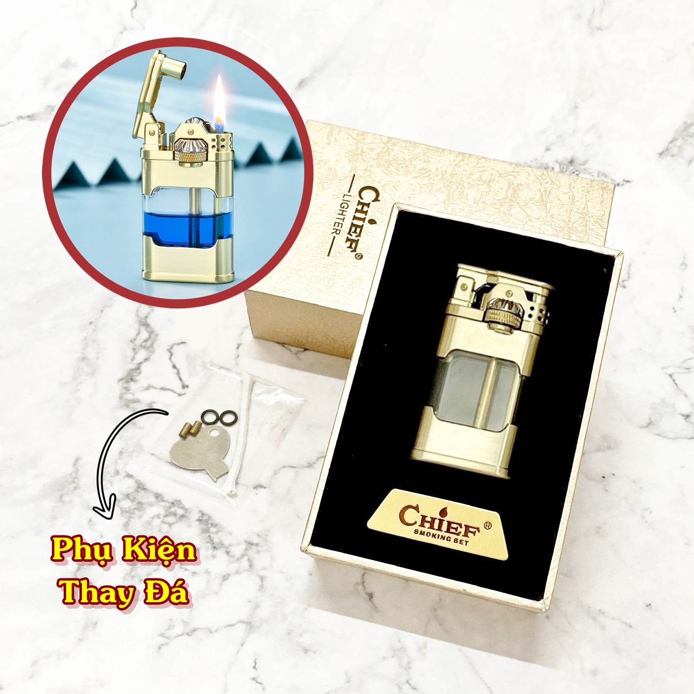 Bật lửa hột quẹt xăng lộ thiên CHIEF CF232 Fullbox - xài xăng