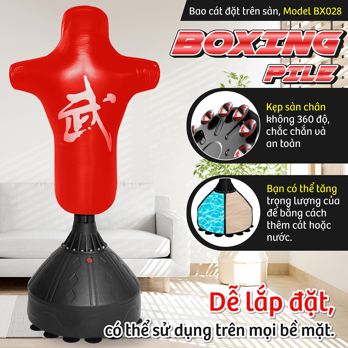 BG Trụ Đấm Bốc BG028 - ĐỎ Tự Cân Bằng Cao Cấp BOXING PILE, Bao Cát Đấm Bốc Võ Thuật,Trụ Hơi Đấm Bốc Phản Xạ