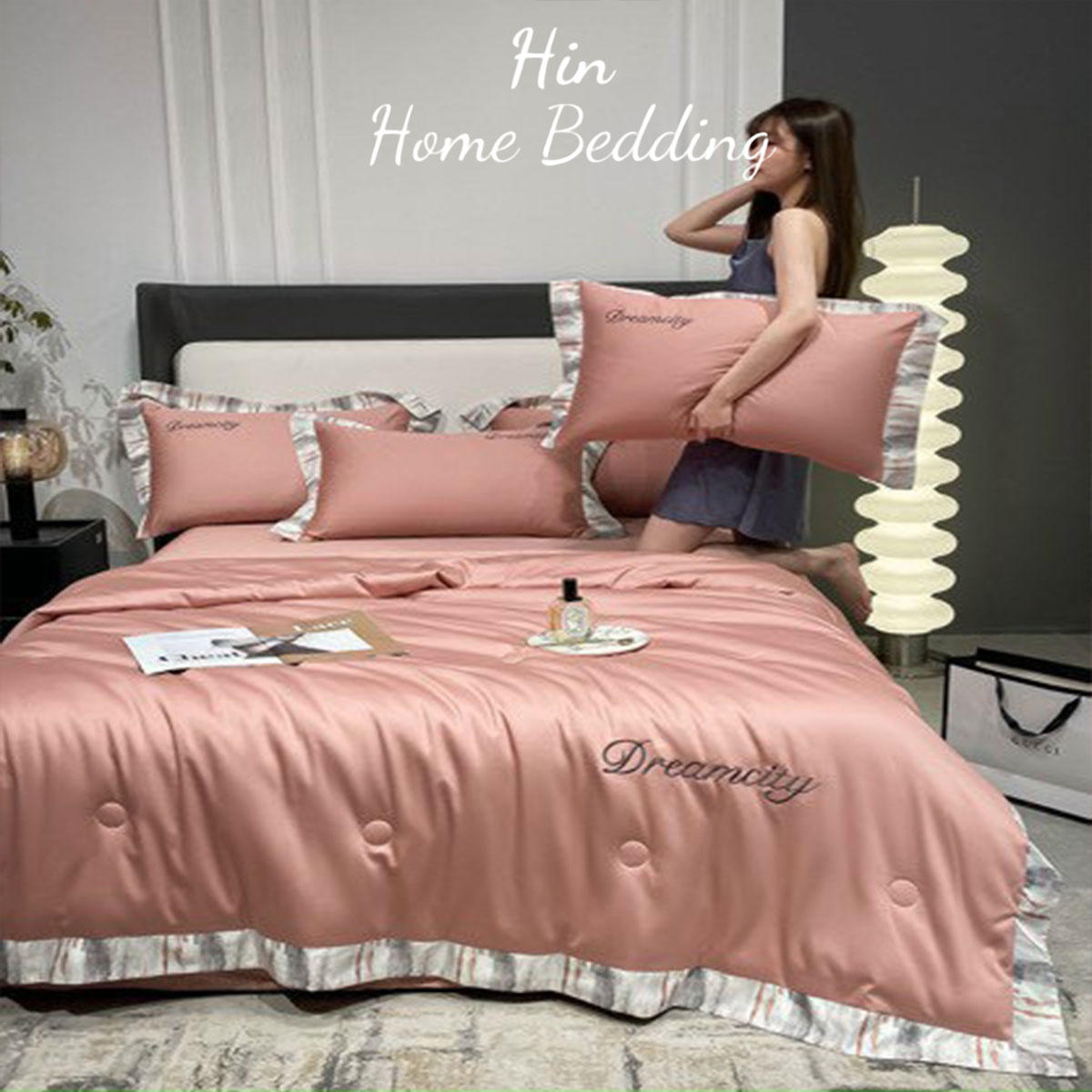 Bộ Chăn Ga Gối Đệm 5 Món Chăn Bông Hin Home Bedding Drap Giường Lụa Mẫu Hồng