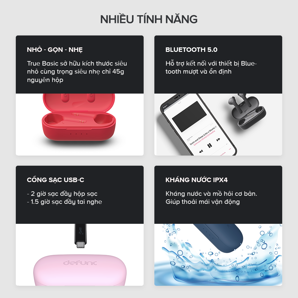 Tai Nghe Bluetooth True Wireless Defunc True Basic, BT 5.2, Cảm Ứng, Kháng Nước IPX4, Nghe Đến 12H - Hàng Chính Hãng