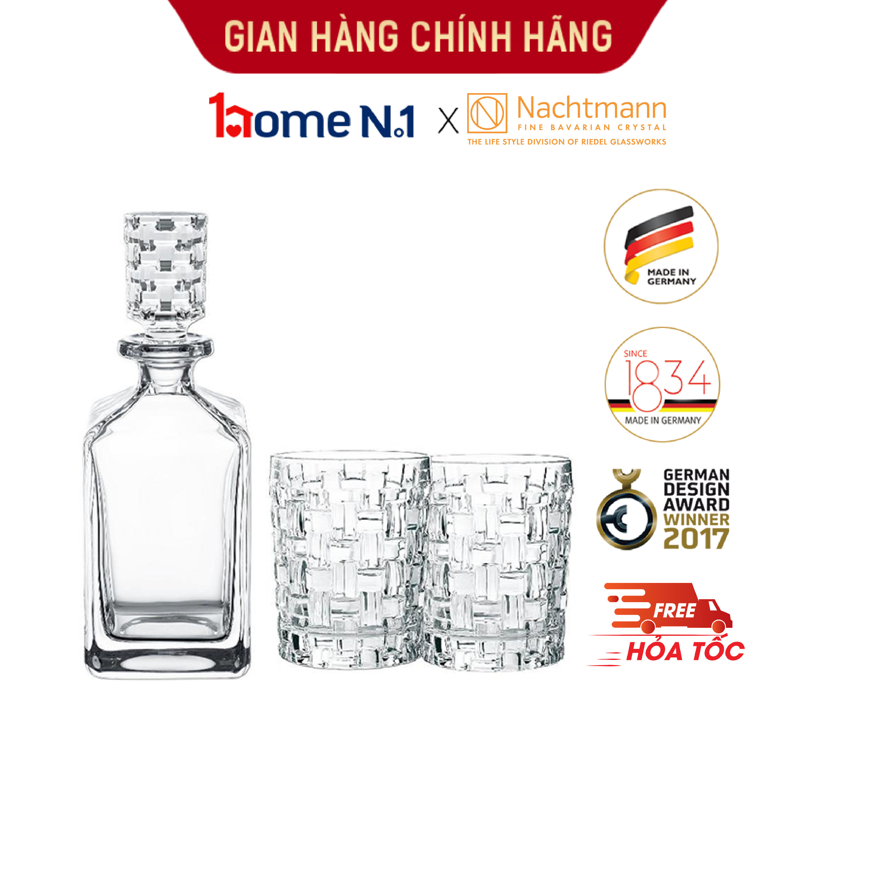 Bộ bình &amp; ly pha lê whisky Nachtmann Bossa Nova 3 món - Hàng chính hãng Đức