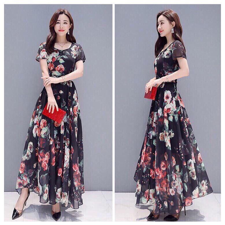 ĐẦM MAXI HOA HỒNG DÁNG DÀI SANG TRỌNG GH280511