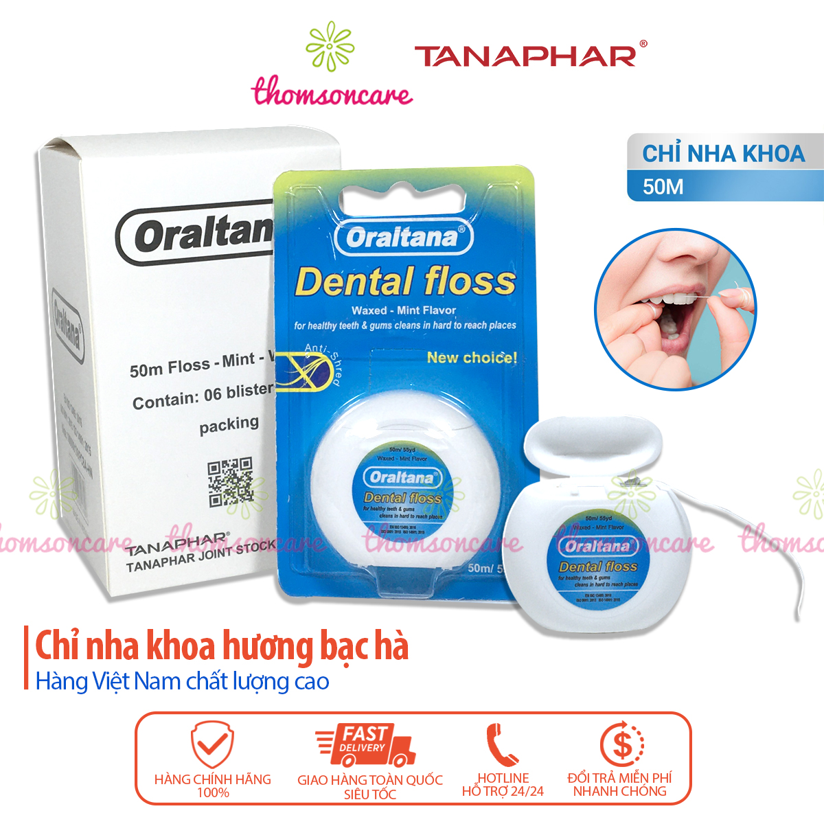Chỉ nha khoa cuộn Oraltana - Chỉ kẽ răng hương bạc hà - Hàng Việt Nam chất lượng cao