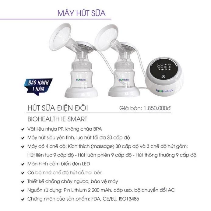 Máy hút sữa điện đôi BioHealth IE Smart 30 cấp độ hoạt động hút êm ái &amp; có đèn LED cảm biến | BH 1 năm