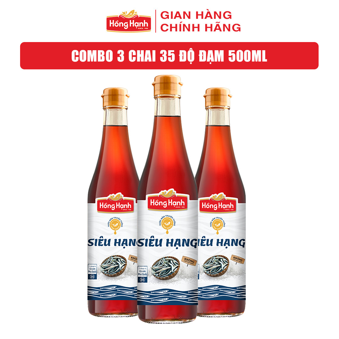 COMBO 3 chai Nước mắm truyền thống Phú Quốc Hồng Hạnh Siêu Hạng 35 độ đạm dung tích 500ML - Chấm, kho đúng điệu.