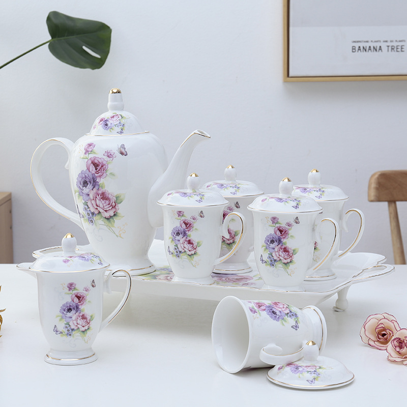Bộ cốc chén sứ xương cao cấp - Bộ tách trà với họa tiết hoa hồng sống động viền vàng 24k mới nhất 2021