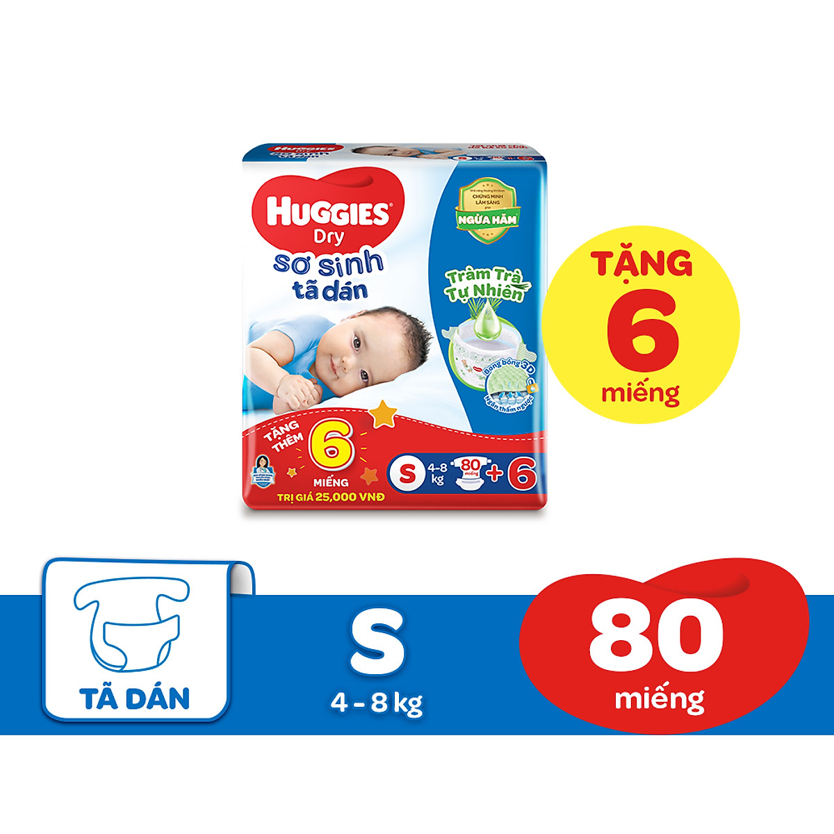 Combo 3 Tã dán sơ sinh Huggies mới (4kg-8kg) - Gói 80 miếng Tràm Trà + Tặng 6 miếng