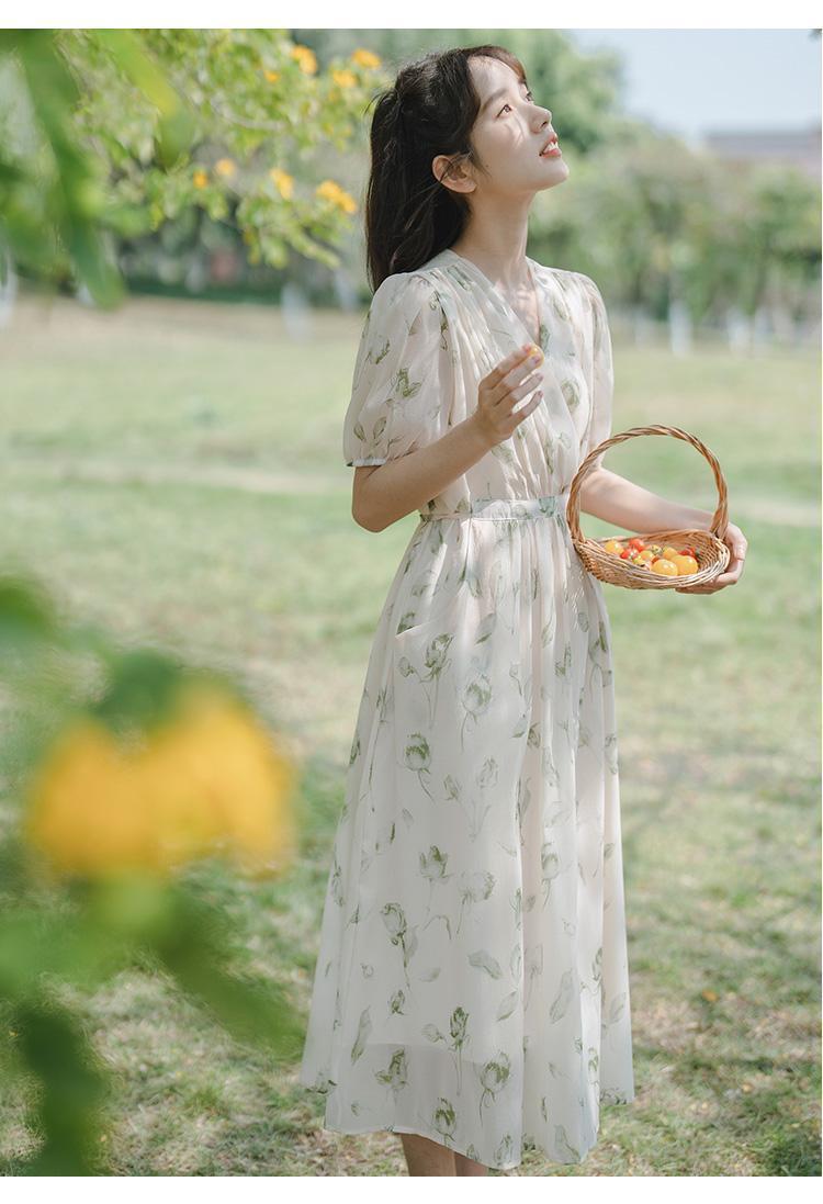 CHENGRUI Pháp nhỏ làm mới váy ngọt ngào thắt lưng ren-up trà nghỉ váy dài mùa hè hoa đầm phụ nữ