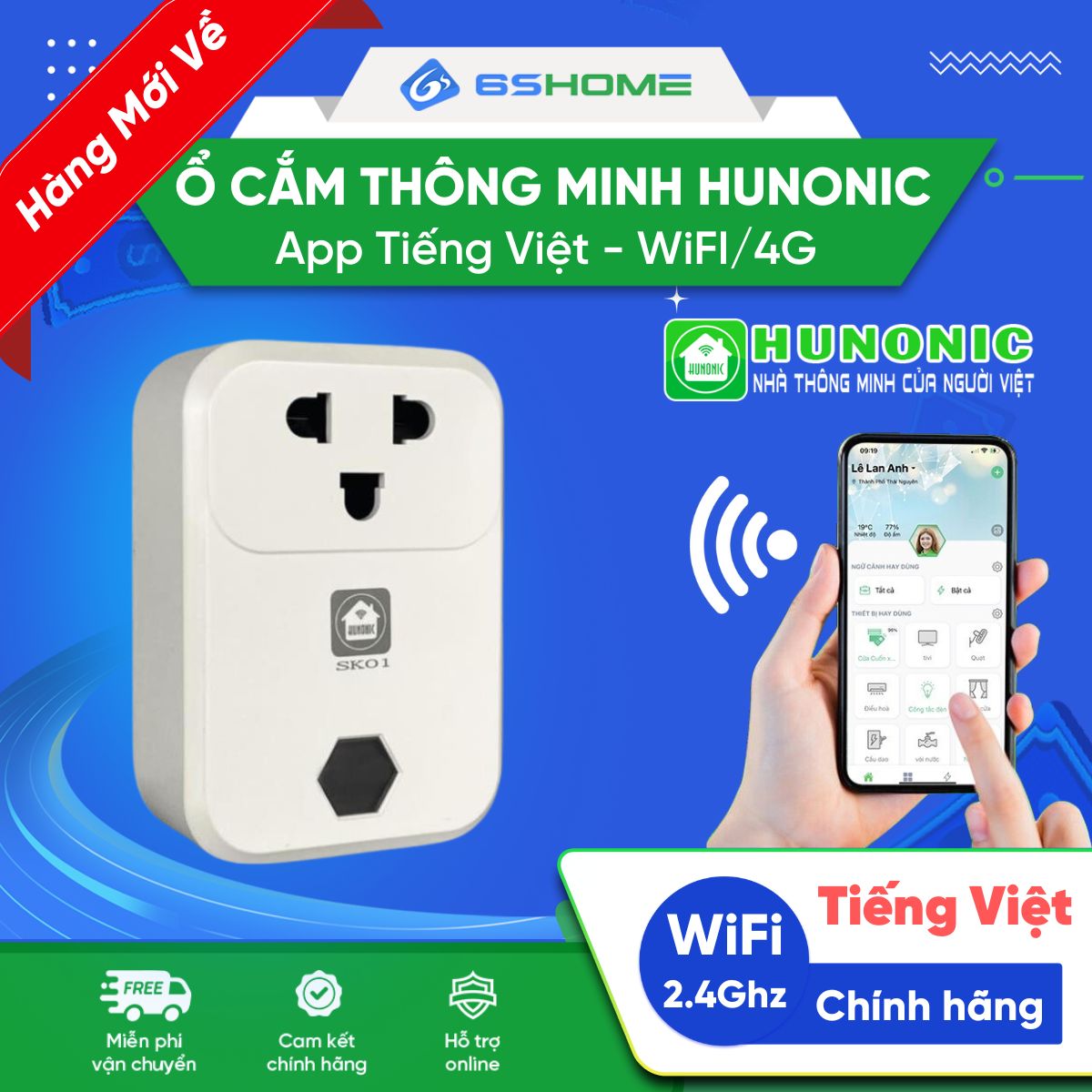 Ổ Cắm Điện Wifi Thông Minh Hunonic SK01, App Tiếng Việt, Điều Khiển Từ Xa Trên Điện Thoại, Hẹn Giờ, Điều Khiển Giọng Nói