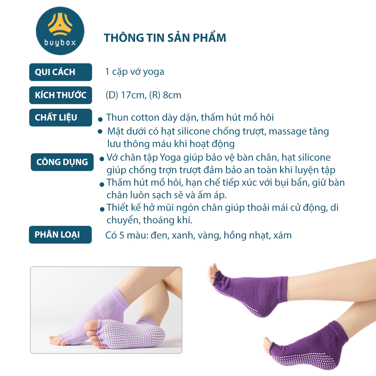 Vớ yoga xỏ 5 ngón trần thoải mái vận động, khiêu vũ, nhảy múa, có hạt silicone chống trượt - Buybox - BBPK285 