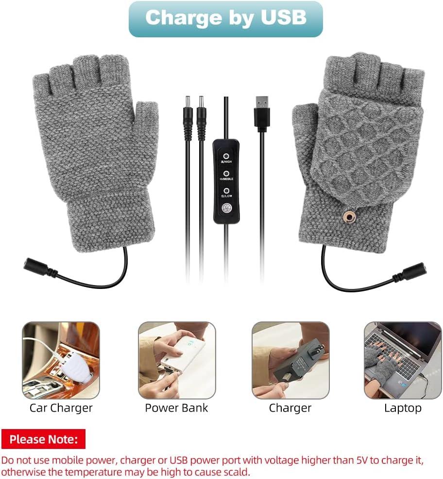 Găng tay sưởi ấm USB, Găng tay sưởi ấm hai mặt với 3 cài đặt Bàn tay ấm mùa đông cho máy tính xách tay Túi sưởi đan cả ngón và nửa ngón cho cả nam và nữ