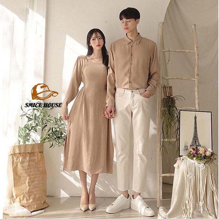 SET ÁO ĐÔI ÁO SƠ MI ĐẦM DÀI CỘT EO ĐỒ CẶP THỜI TRANG HÀN QUỐC CAO CẤP DÙNG ĐI CHỤP HÌNH CƯỚI ĐI DU LỊCH MÀU NHÃ NHẶN - SMICE HOUSE