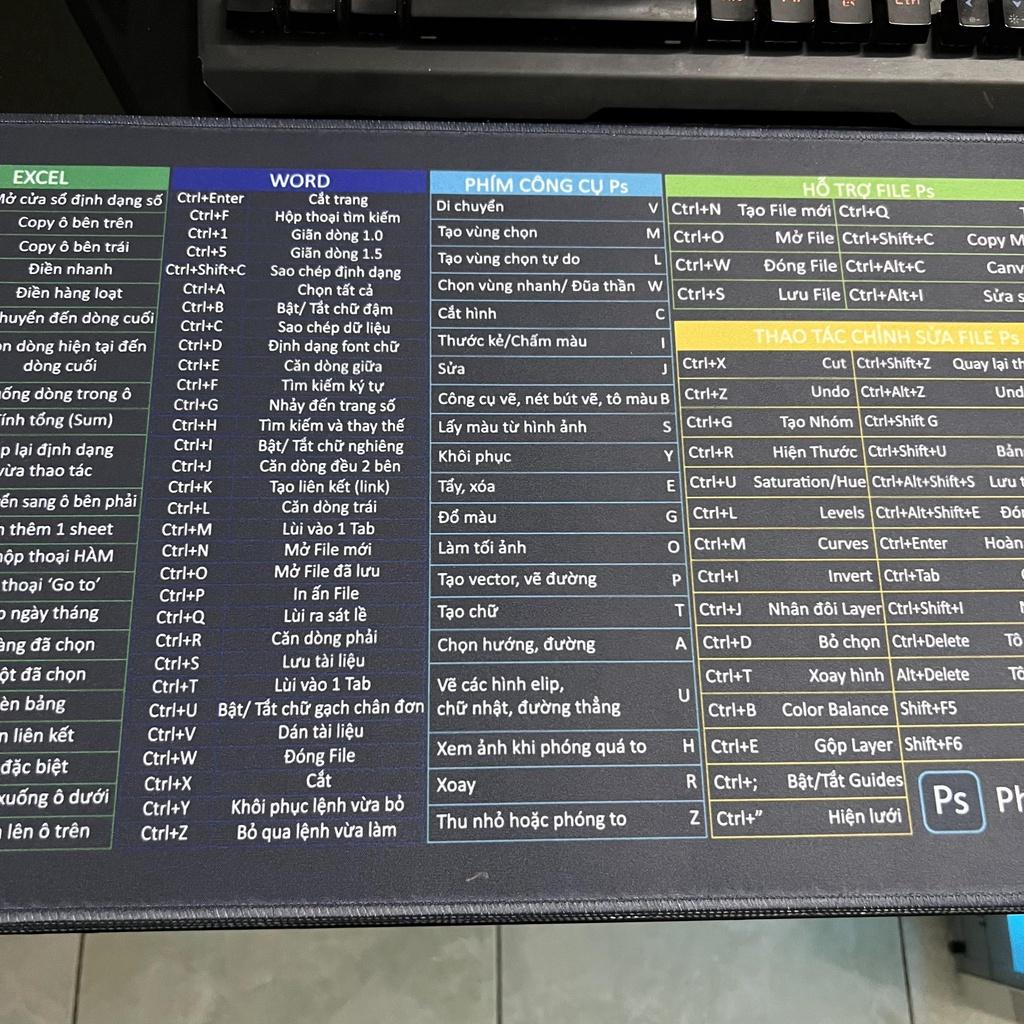 Lót Chuột Phím Tắt Excel Văn Phòng Kích Thước 30*80CM , 25*35CM , Phím Tắt Word, Excel, Office, Photoshop, Corel Dày 3mm