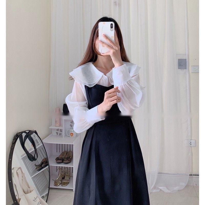 Sét Váy Yếm Xòe + Áo Sơ Mi Cổ Sen Ulzzang Phong Cách Hàn Quốc