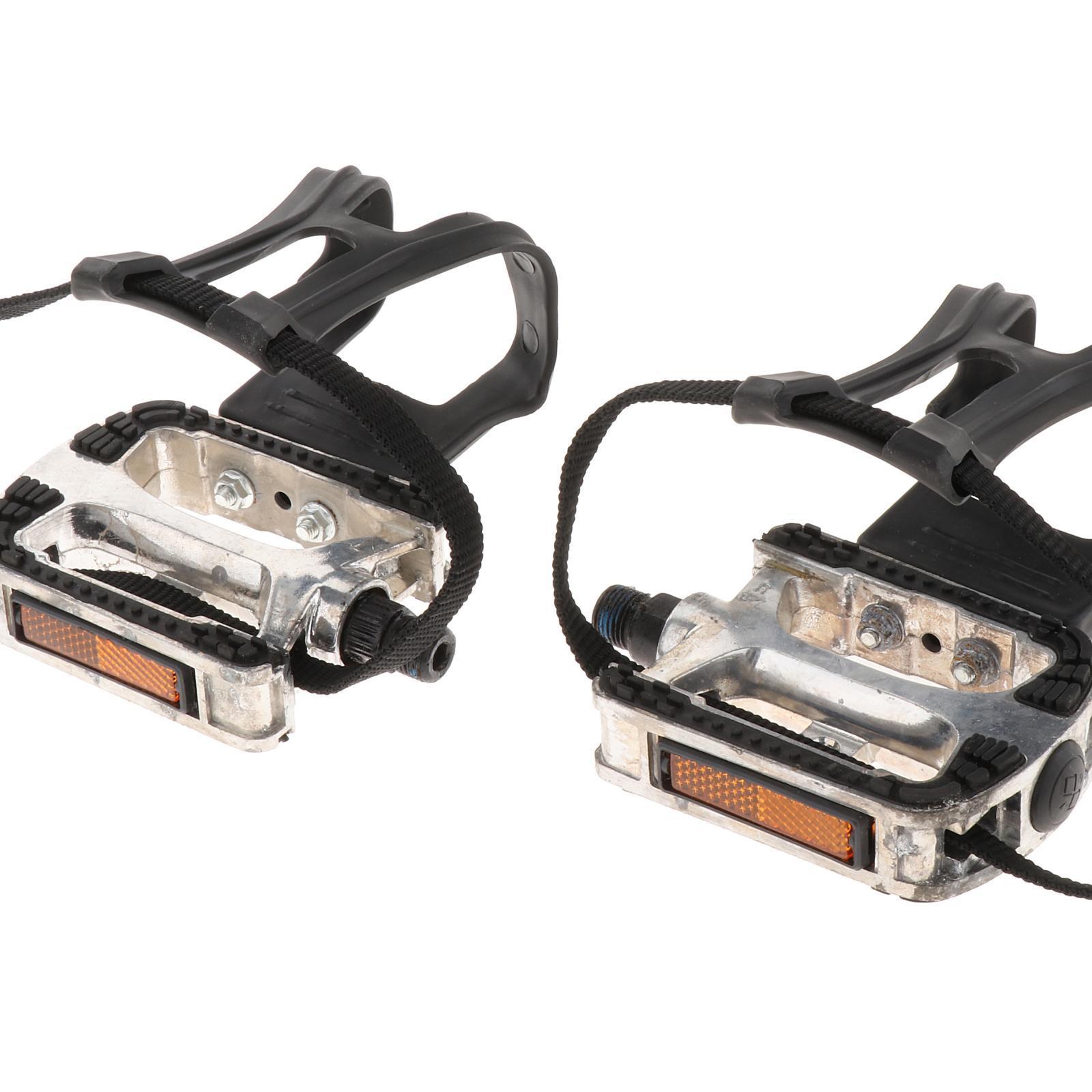 Bike Pedal with Straps and Toe Clips for Outdoor Cycling and Indoor Exercise Bike, Replacement Alloy Multipurpose Bicycle Pedals