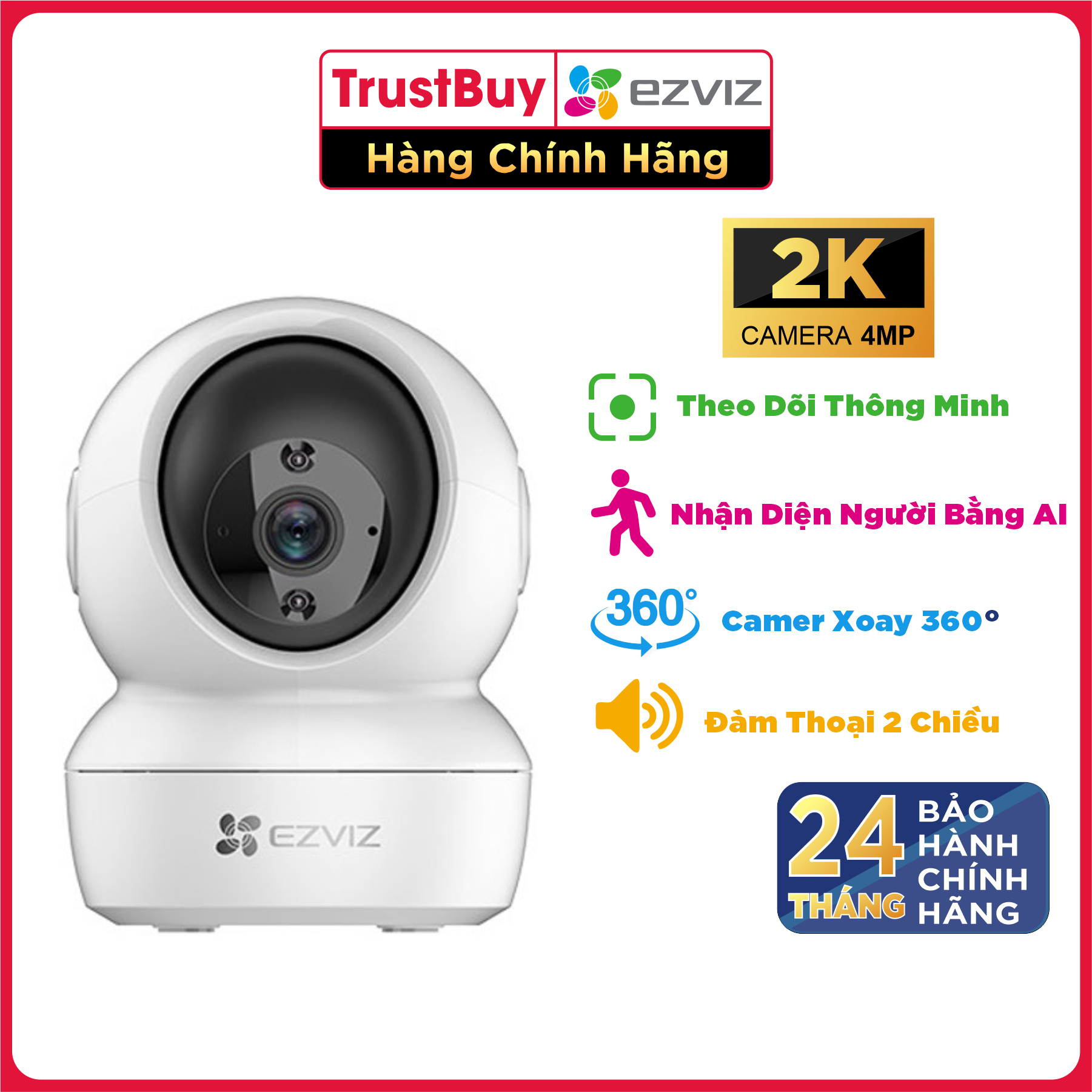 Camera WIFI EZVIZ C6N 4MP, Độ Phân Giải 2K, Đàm Thoại 2 Chiều, Hồng Ngoại Đêm 10m, Xoay Dọc 55 Độ Xay Ngang 360 Độ - Hàng Chính Hãng