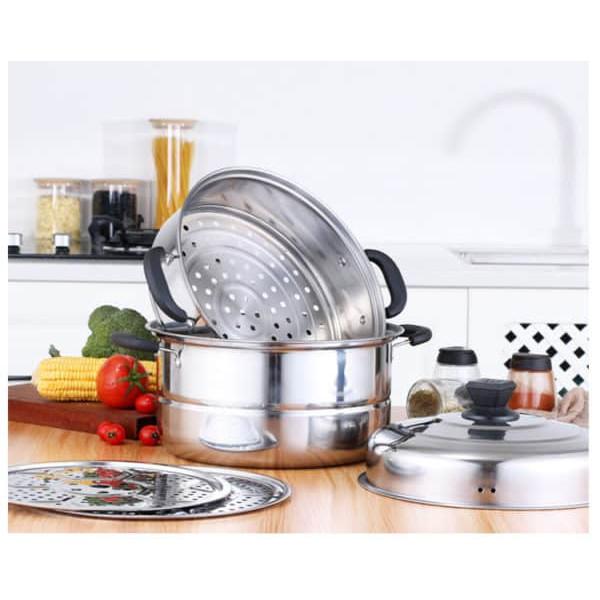 Nồi Hấp Inox Đa Năng 28cm, Nồi Hấp 3 Tầng Dùng Được Cho Bếp Từ Và Bếp Gas