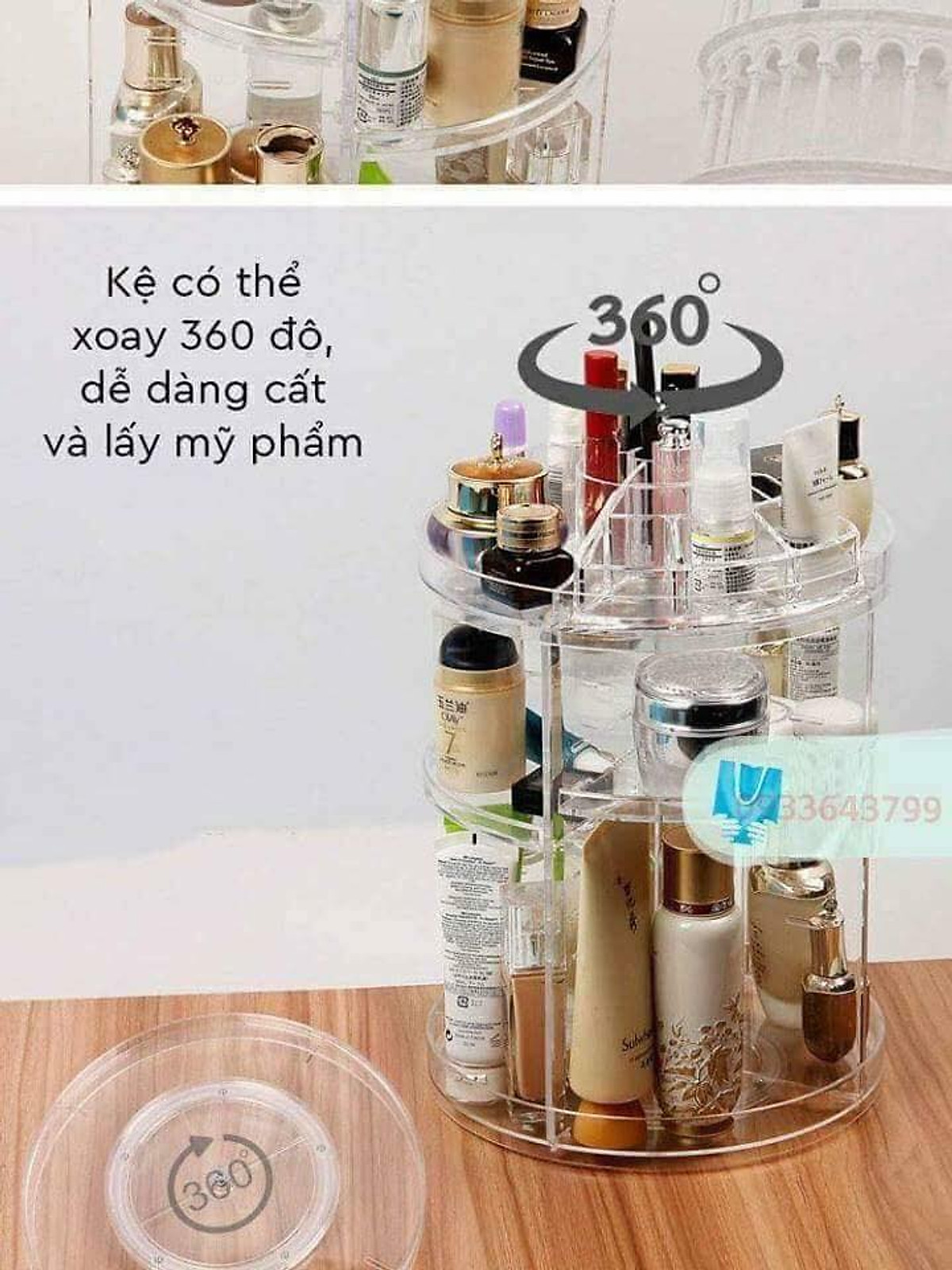 Kệ Để Mỹ Phẩm Trụ Xoay 360 Độ Mica Trong Suốt Cao Cấp Tặng Kèm Chì Xé Kẻ Chân Mày