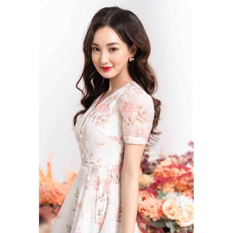 Đầm voan tơ hoa hồng be 2 lớp siêu sang dáng xoè