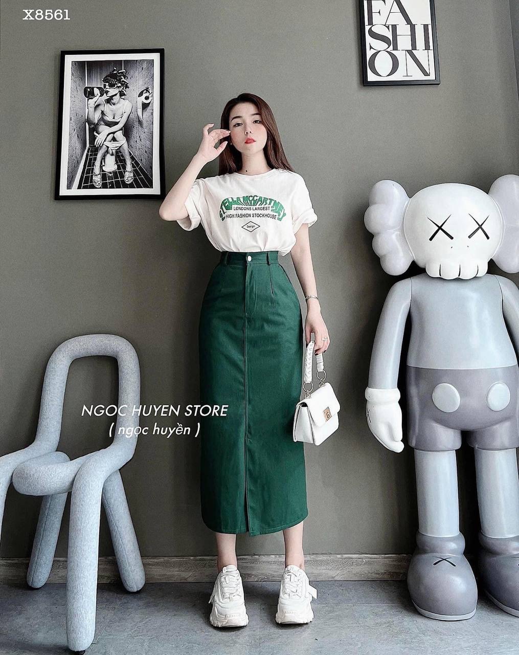 SET CHÂN VÁY DÀI LƯNG CAO SUÔNG TRƠN XẺ TRƯỚC XANH LÁ + ÁO THUN FORM RỘNG ĐI BIỂN DẠO PHỐ DỰ TIỆC