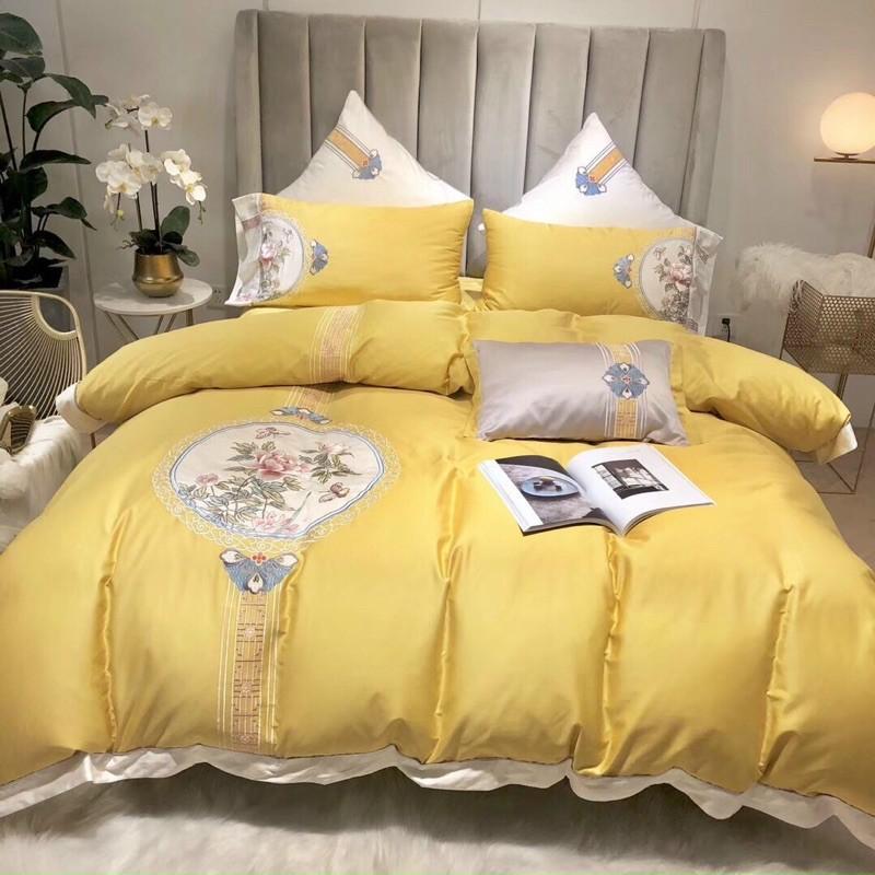 Bộ Chăn Ga Gối Lụa Tencel 60s Thêu -Hàng Nhập Khẩu Cao Cấp 5 Món Hoạ Tiết Độc Đáo