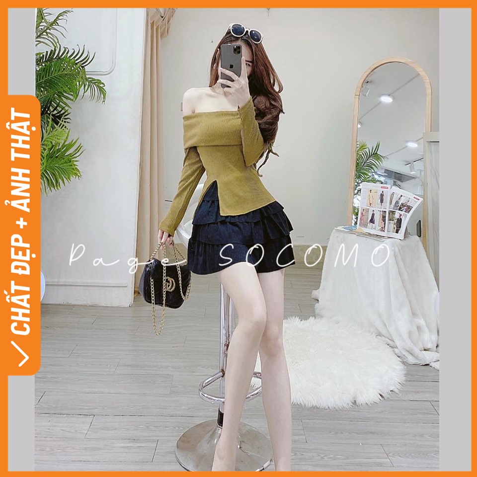Áo thun tăm trễ vai tay rút co dãn ôm body Socomo A642022
