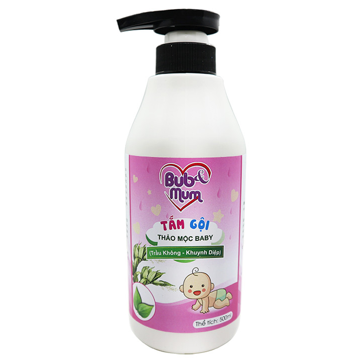 Tắm gội Thảo mộc Baby chiết xuất Trầu Không và Khuynh diệp 500ml BuB&amp;MuM công dụng diệt khuẩn, làm sạch, ngăn ngừa rôm sảy, mụn nhọt và giữ da luôn mềm mại, thơm mát hàng công ty chính hãng, xuất xứ Việt Nam