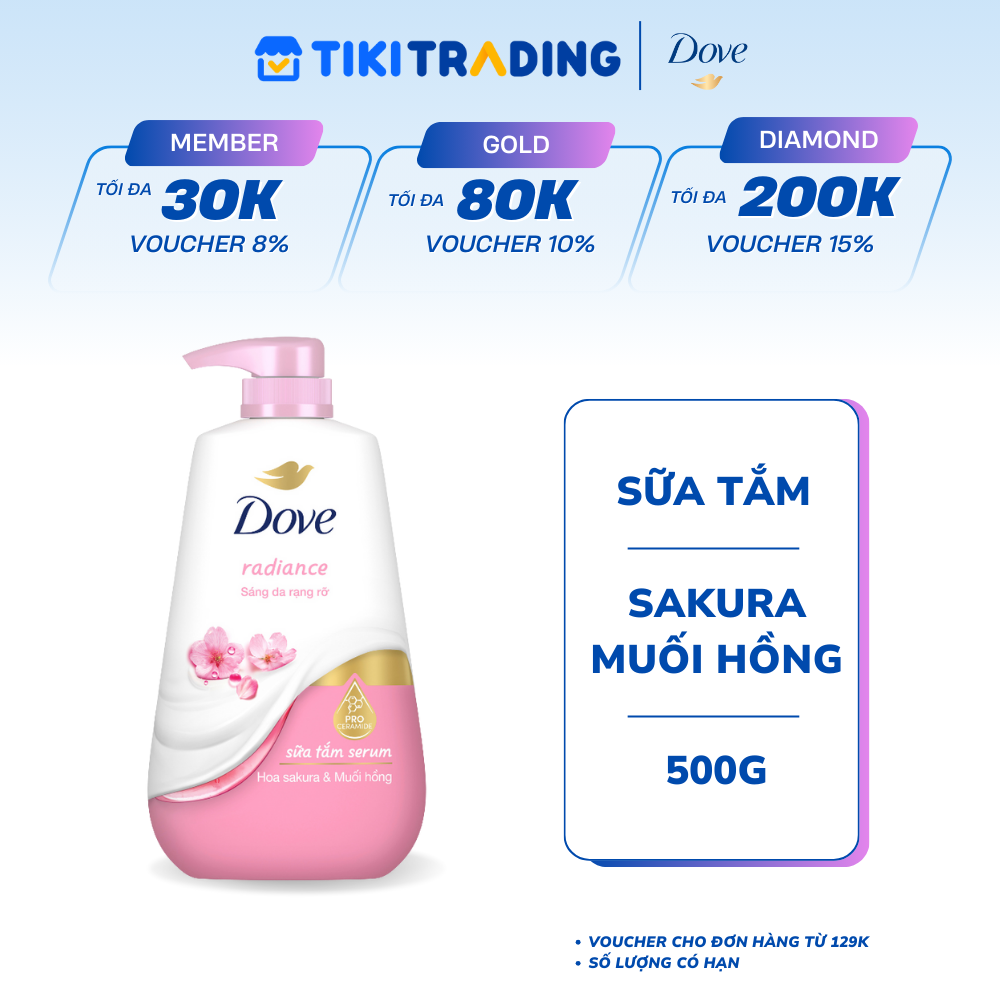 Sữa Tắm Serum Dove Pro-Ceramide Hoa Sakura và Muối Hồng Giúp Da Đàn Hồi Và Căng Bóng 500g