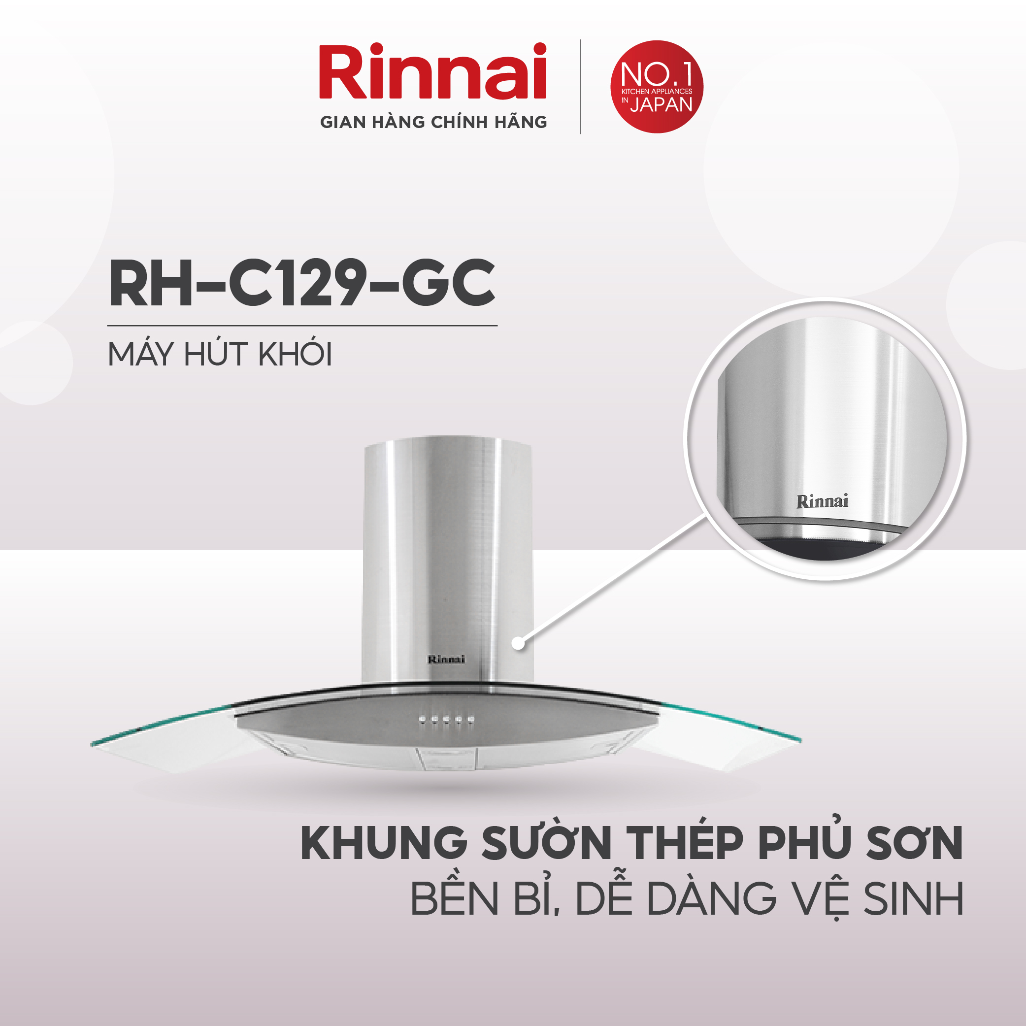 Máy hút mùi 90cm Rinnai RH-C129-GC than hoạt tính và ống thoát 260W - Hàng chính hãng.