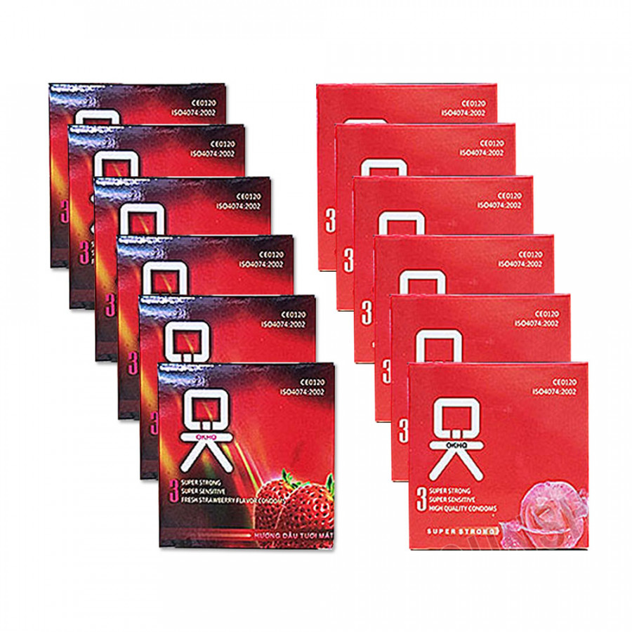 Bộ 6 Hộp bao cao su OKHQ hương Dâu + 6 Hộp bao cao su OKHQ Không Mùi